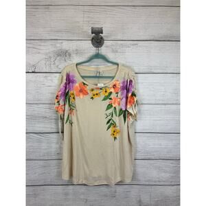 Cato Plus Size Cream Linen Blend Floral Print Blouse Size 22/24W